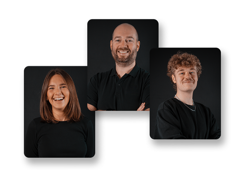 Portraits von drei basecom Mitarbeitenden