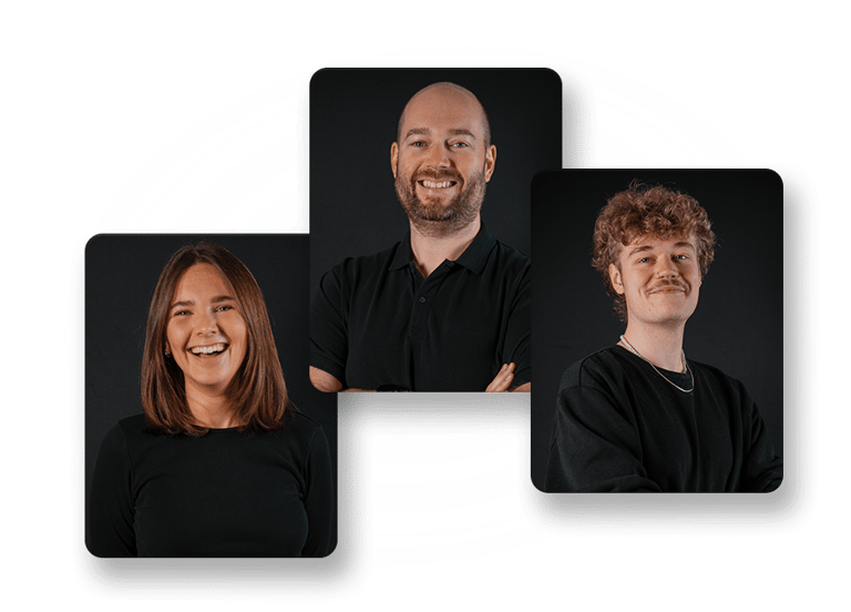 Portraits von drei basecom Mitarbeitenden